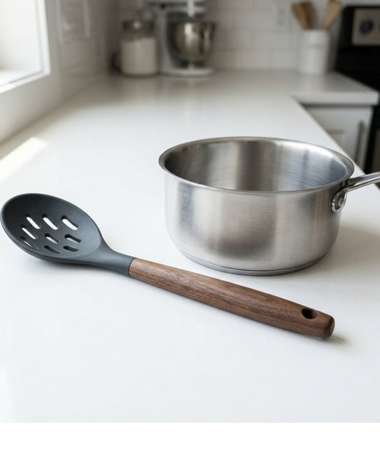 Nexozs Walnut-Handle Silicone Slotted Spoon 33 cm Charcoal - Lifestyle view