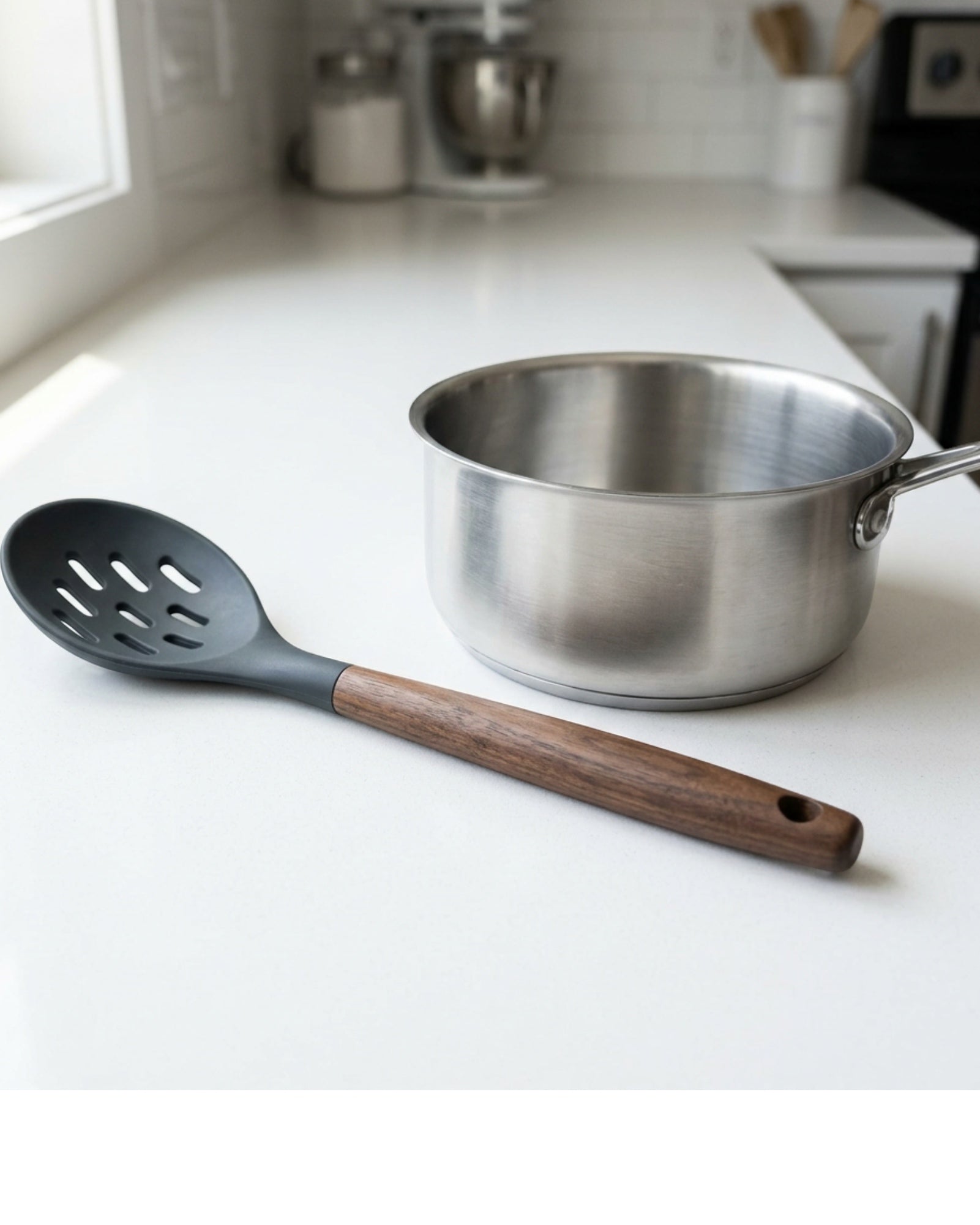 Nexozs Walnut-Handle Silicone Slotted Spoon 33 cm Charcoal - Lifestyle view