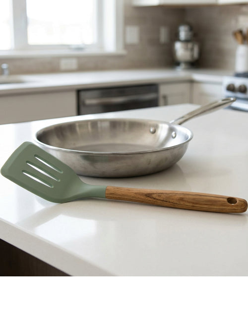 Nexozs Acacia-Handle Silicone Slotted Turner 32 cm Sage - Lifestyle view