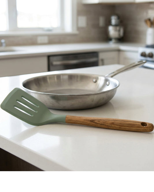 Nexozs Acacia-Handle Silicone Slotted Turner 32 cm Sage - Lifestyle view